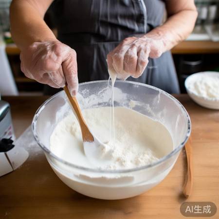 “材料混合，细腻蛋糕秘诀”